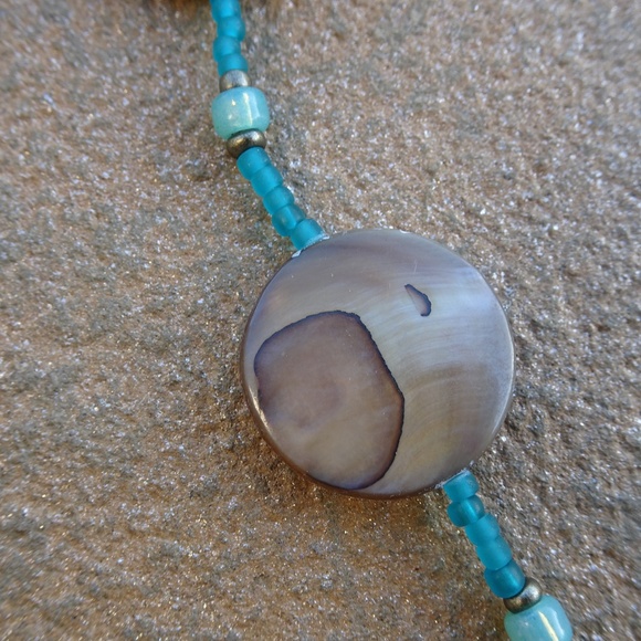 Leather Blue Agate Frog Pond Long Boho Beaded Mother of Pearl Shell Necklace - Picture 10 of 13